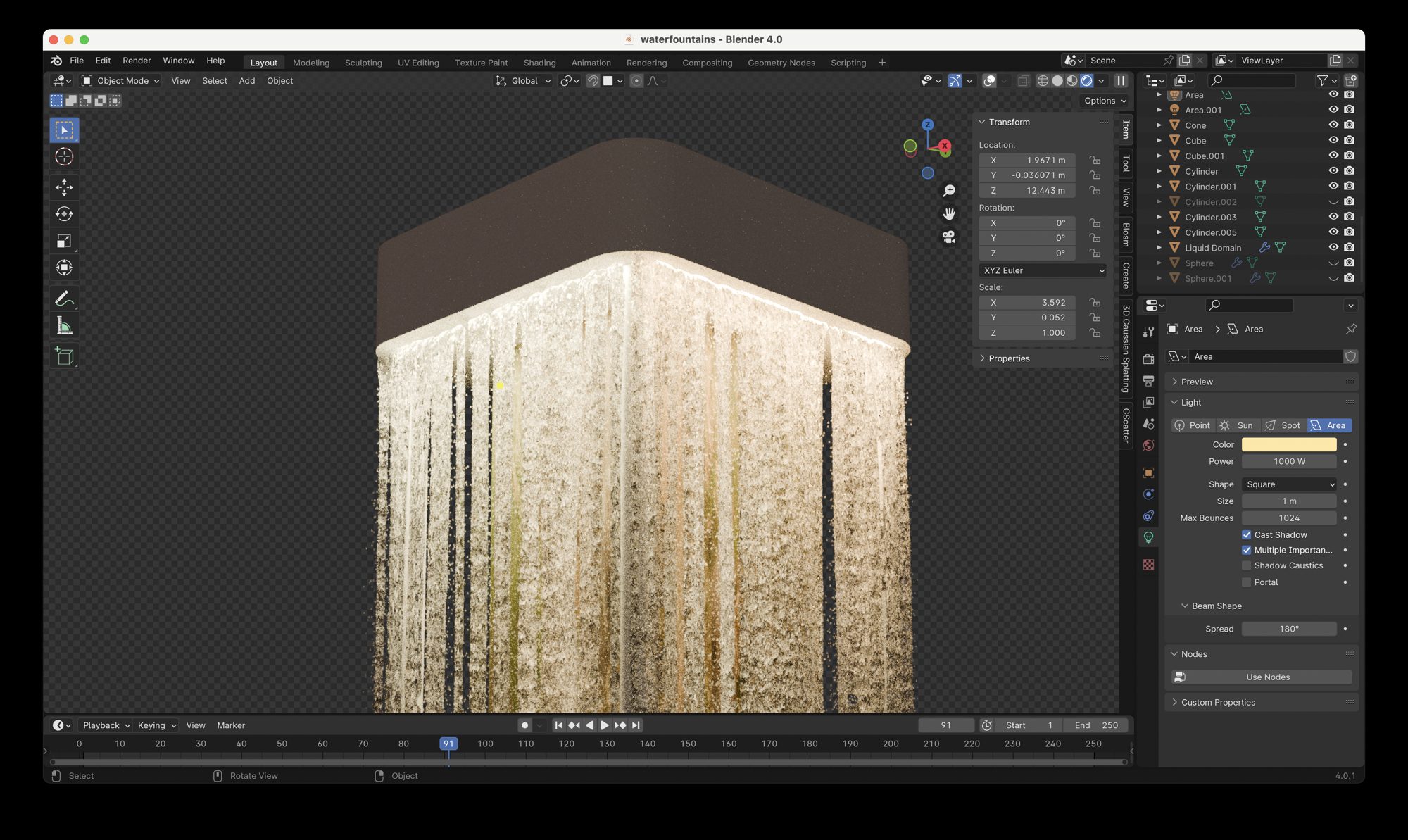 The waterfall tower in the Blender interface with its properties panel