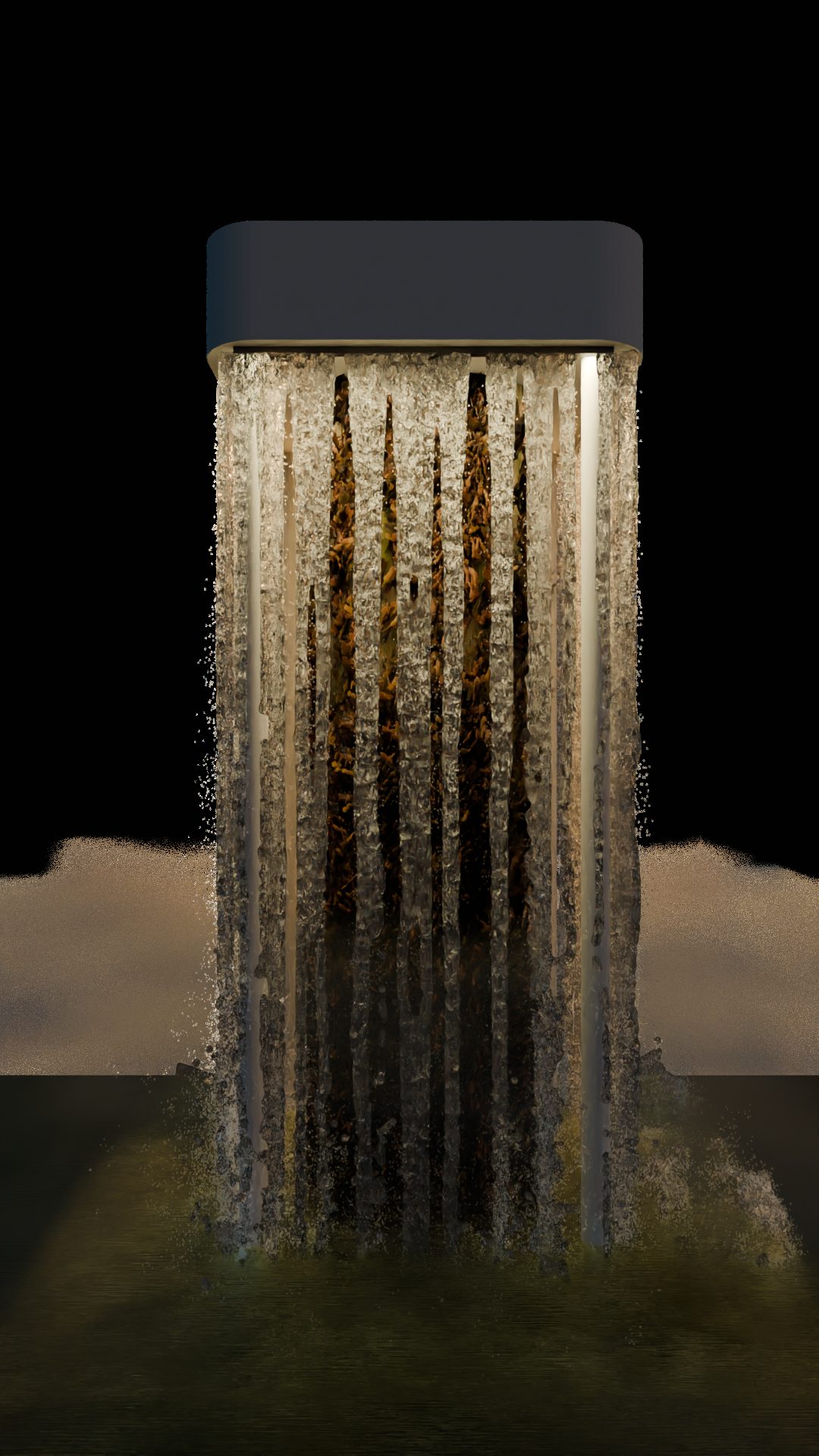 The waterfall tower with its grow wall behind a curtain of falling water