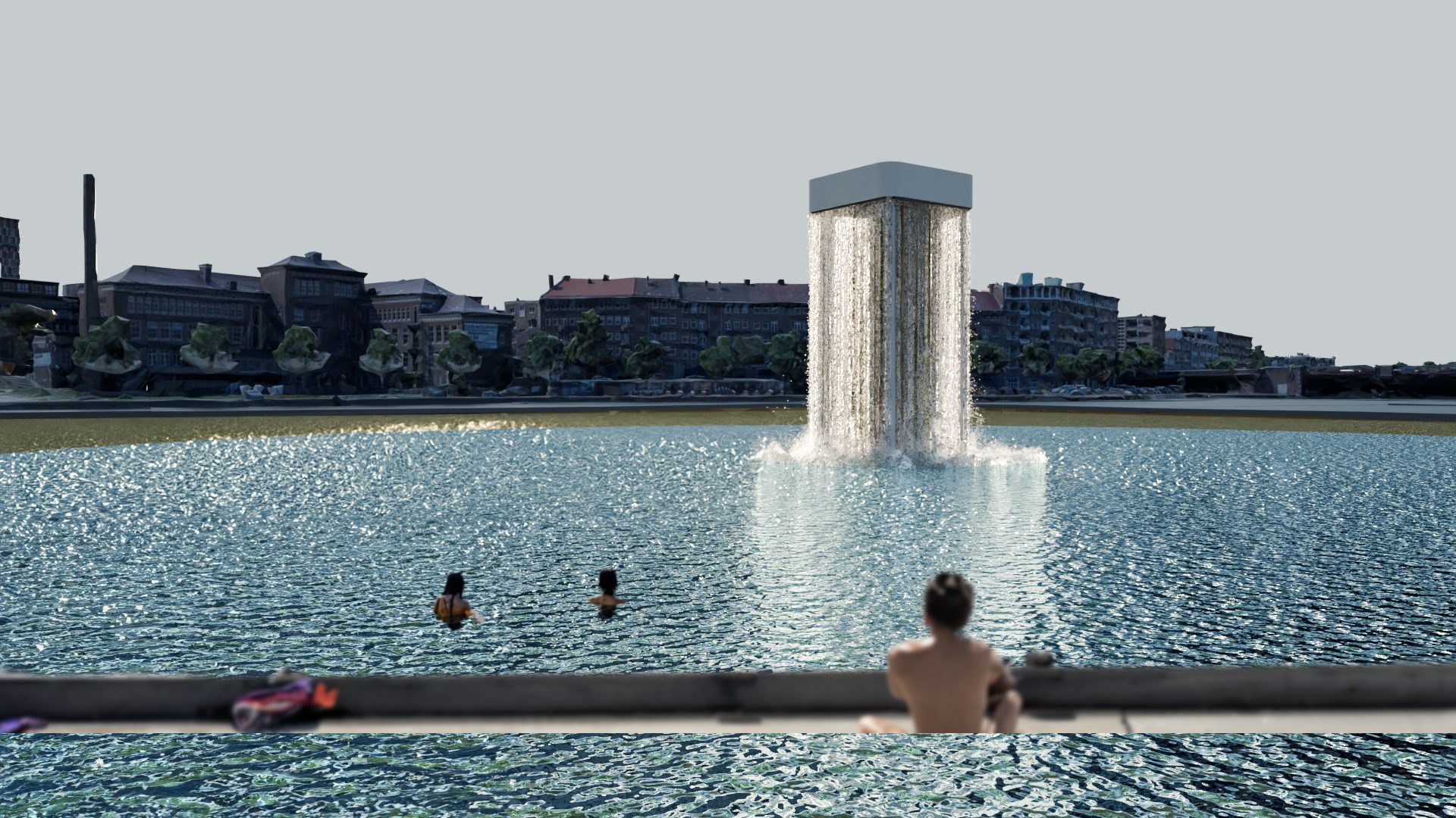 The Urban Cenote by day: a waterfall tower in a city waterway while people swim and watch from the edge