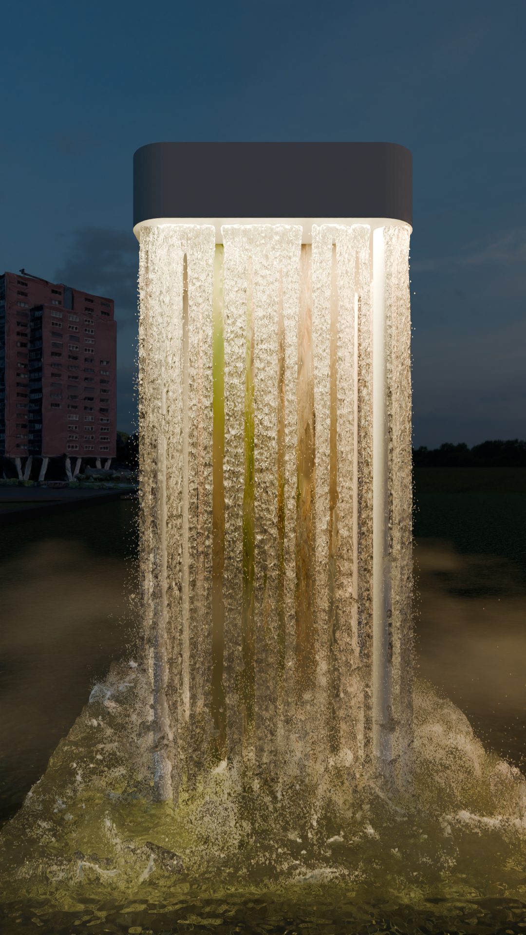 Close night view of the glowing waterfall with grasses at its base