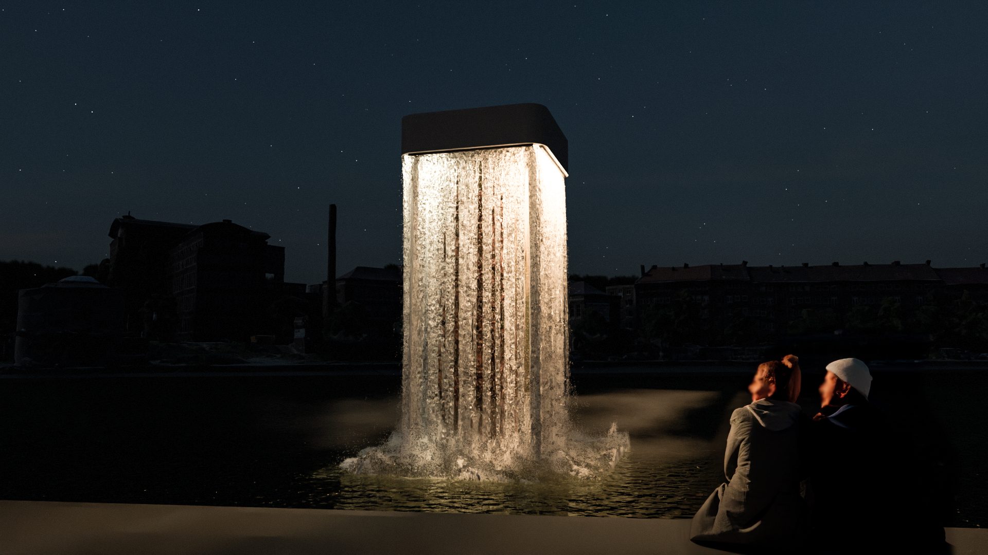 Night view of the Urban Cenote: a lit waterfall tower with two people sitting beside it