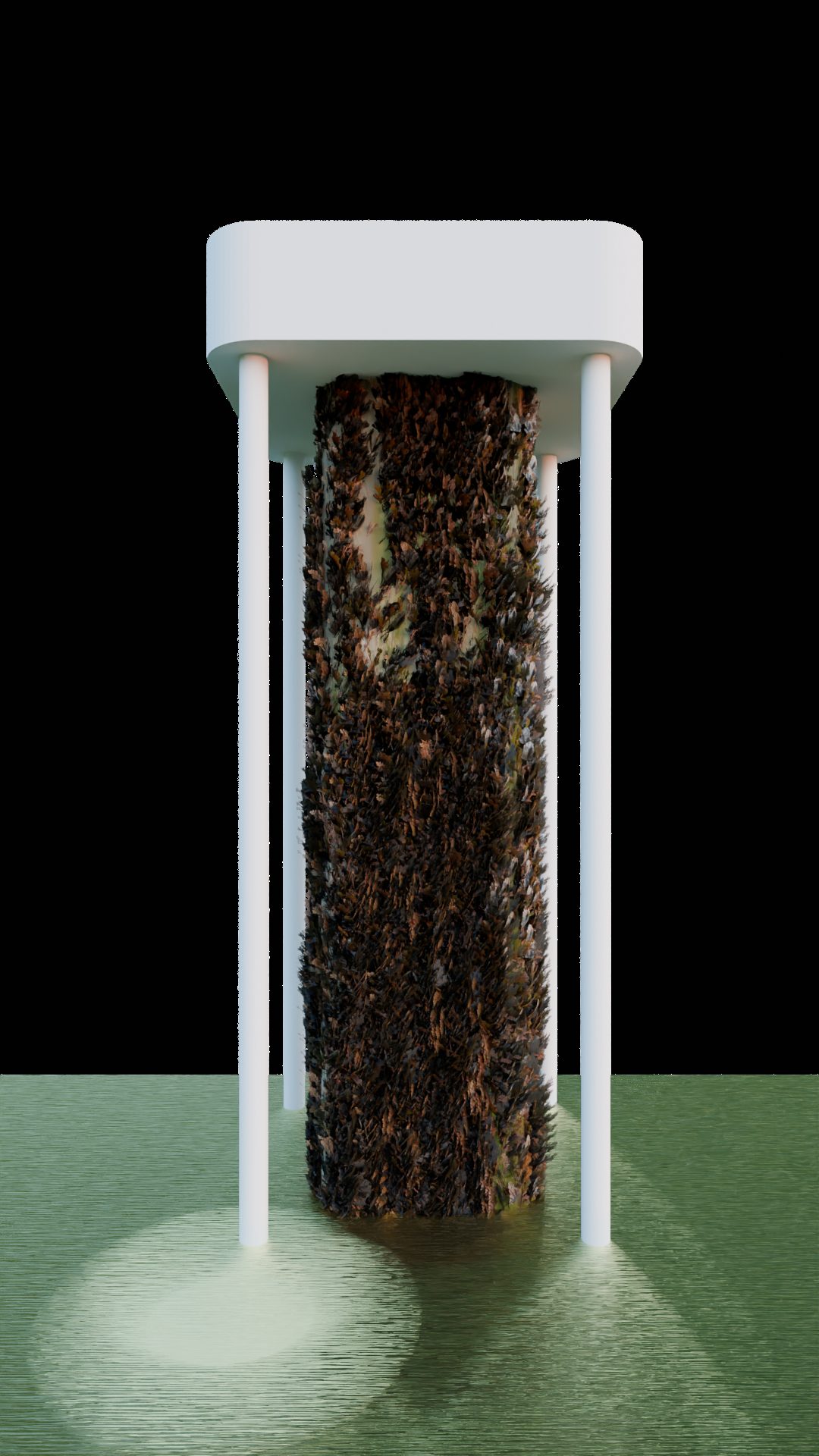 The centre-pod covered in aquatic plants, standing on four white legs
