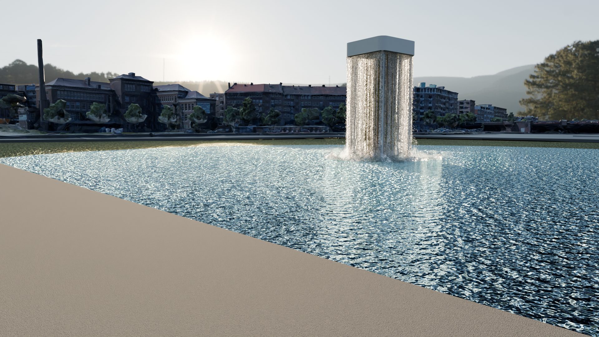 The Urban Cenote at sunrise in a harbour basin, with hills behind